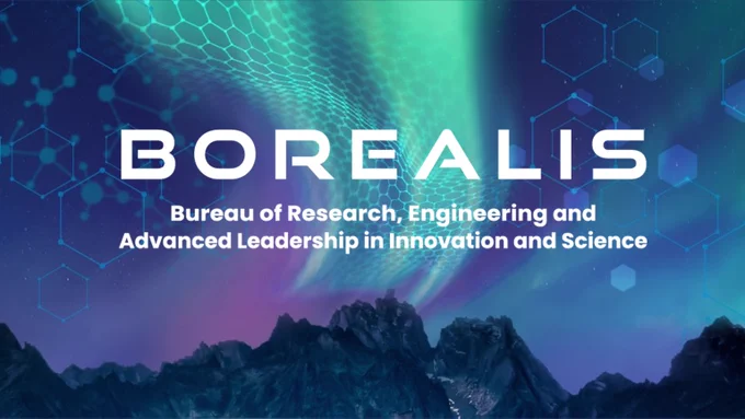 Mountains with northern lights above. Texte on image: BOREALIS. Bureau of Research, Engineering and Advanced Leadership in Innovation and Science.