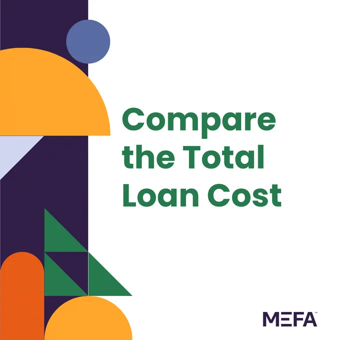 Colorful geometric shapes with the text "Compare the Total Loan Cost" and the MEFA logo at the bottom right.