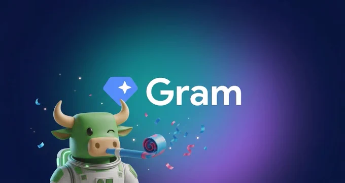 Gram token official rebrand announcement — blue diamond logo with 'Gram' wordmark and a celebratory Bullieve's mascot ($BULL), representing the TON blockchain ecosystem update. TON -> GRAM