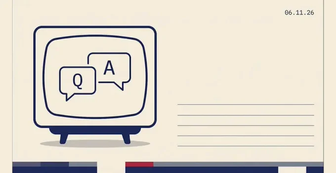 Illustration of a retro television with two speech bubbles inside it labeled Q and A, next to blank ruled lines. The date 06.11.26 appears in the top right. Event graphic for the Center for Cooperative Media NJ PBS briefing.