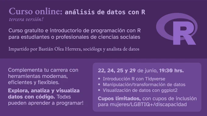 #LATAM |

👩🏽‍💻📊 ¿Quieres entrenar tus habilidades dateras?

⚽🏆 #RumboalMundial...

✨ ¡Checa la 3.ª edición del Curso GRATUITO de #R, impartido por Bastián Olea Herrera (@bastimapache)! ✨

💻📈 Aprende a explorar, transformar y visualizar datos para fortalecer tus causas ➡️ bit.ly/C1NTR0R33D