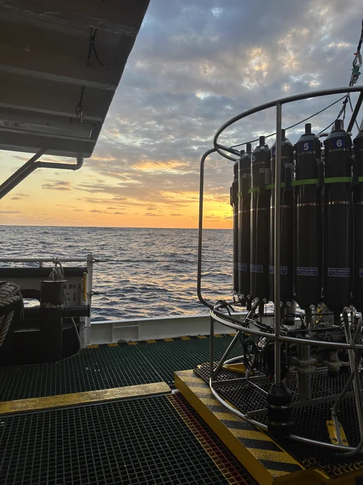 The CTD rosette on the deck of the R/V Atlantic Explorer during sunset in the Sargasso Sea. Photo by Emily Hu.