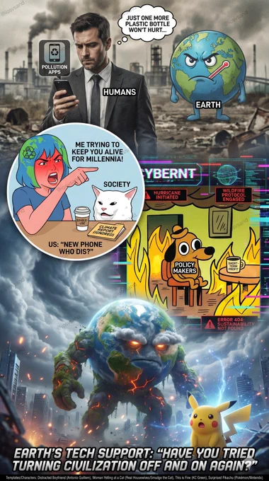 A multi-panel meme showing a man on his phone, a frustrated Earth figure, a woman yelling at a cat, and a dog sitting in a burning room.
