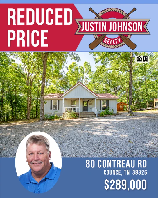 Real estate ad showcasing a reduced price property with agent info. The scene is sunny and inviting.