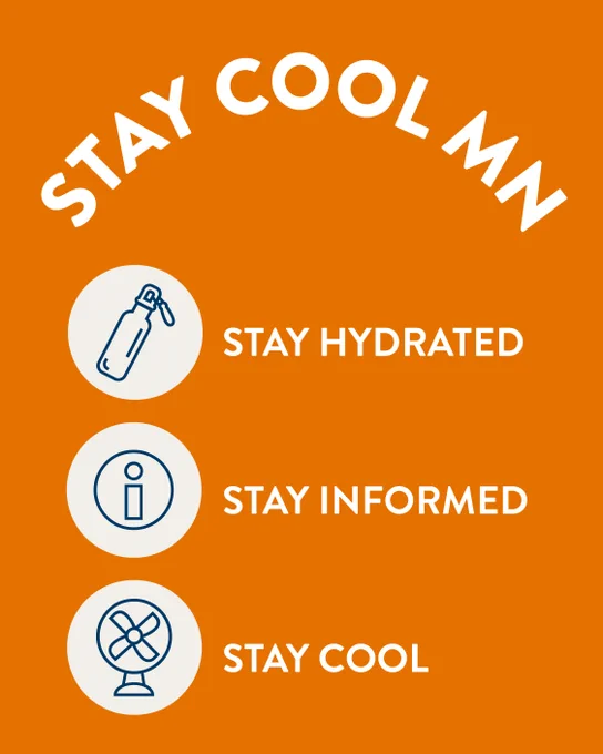 Orange background with an icon of a water bottle, an "i", and a fan. Text reads, "Stay cool MN. Stay hydrated. Stay informed. Stay cool."