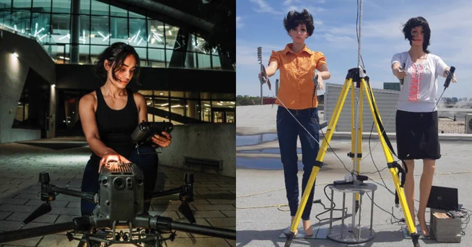 Two-part image. Left: Person seated outside with a drone and controls, illuminated by surrounding architectural lights. Right: Two individuals standing on a rooftop, each holding a sword, with one standing on a tripod with wires attached.