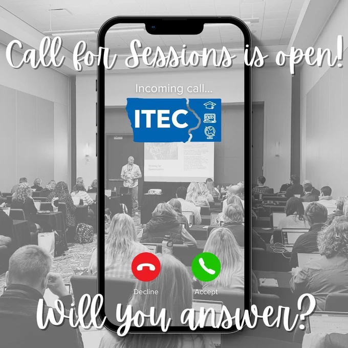 People attending a presentation in a classroom with a smartphone screen overlay showing an incoming call from ITEC.


