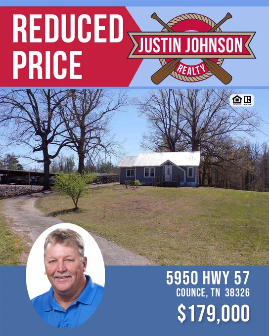 Real estate listing for a house at 5950 Hwy 57, Counce, TN, with reduced price and agent photo. Calm and professional mood.