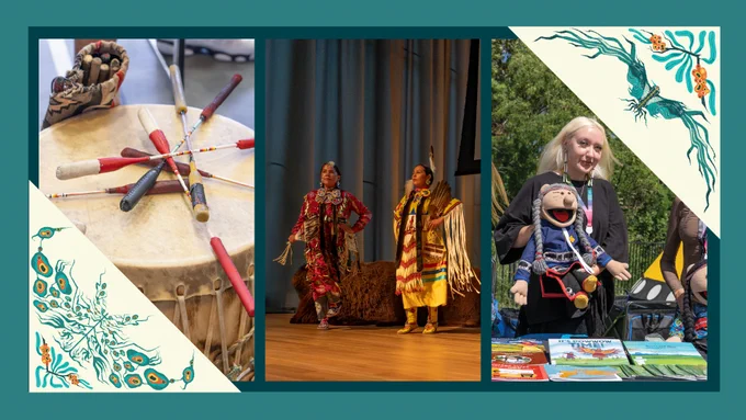 The image is a collage of three photos. The top photo shows a large drum surrounded by drumsticks. The middle photo features several individuals in traditional Indigenous clothing performing a dance on stage. The bottom photo depicts three smiling individuals standing together outdoors, each wearing lanyards with identification badges. The collage is framed with decorative Indigenous artwork in the corners.