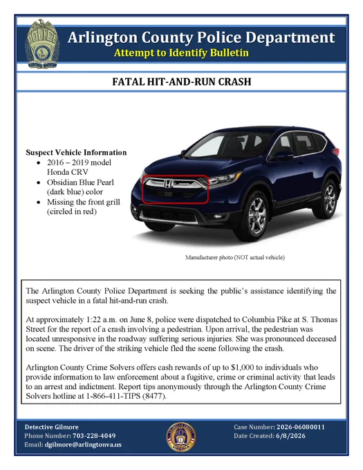 ACPD is seeking the public's assistance identifying the vehicle involved in this morning's fatal hit and run crash. The vehicle is believed to be a 2016 – 2019 model Honda CRV, Obsidian Blue Pearl (dark blue) in color and missing the vehicle’s front grill. Manufacturer photo of the vehicle with a red circle around the front grill is included in the flyer.