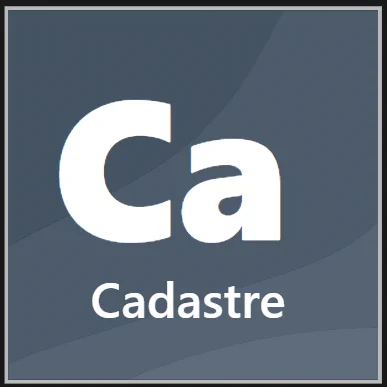 A square graphic designed in a minimalist style resembling a periodic table element icon. The background features a dark slate blue color with subtle, lighter blue curved geometric gradient overlays running diagonally across the bottom. At the center of the image are the large white letters "Ca" written in a bold, clean sans-serif font. Directly beneath these letters, the word "Cadastre" is written in a smaller, slightly thinner white sans-serif font. The entire image is framed by a thin, crisp light gray border. 