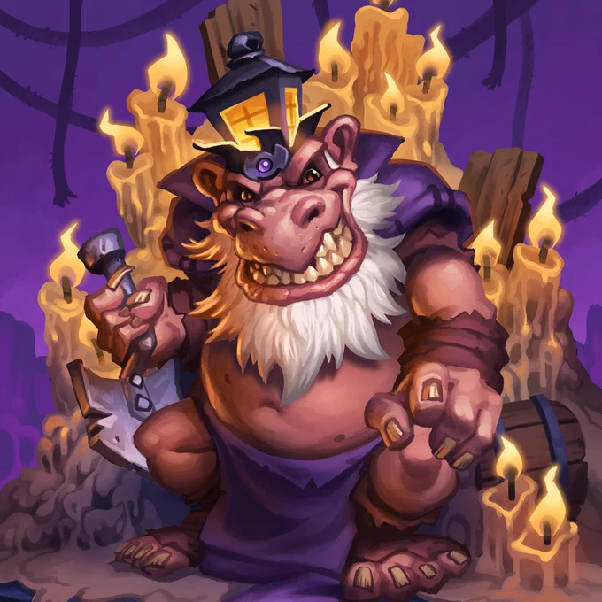 Hearthstone artwork of Togwaggle Smuggler King, a grinning Kobold, surrounded by dripping candles and a lantern, standing in a violet-lit cave and wearing a purple robe.