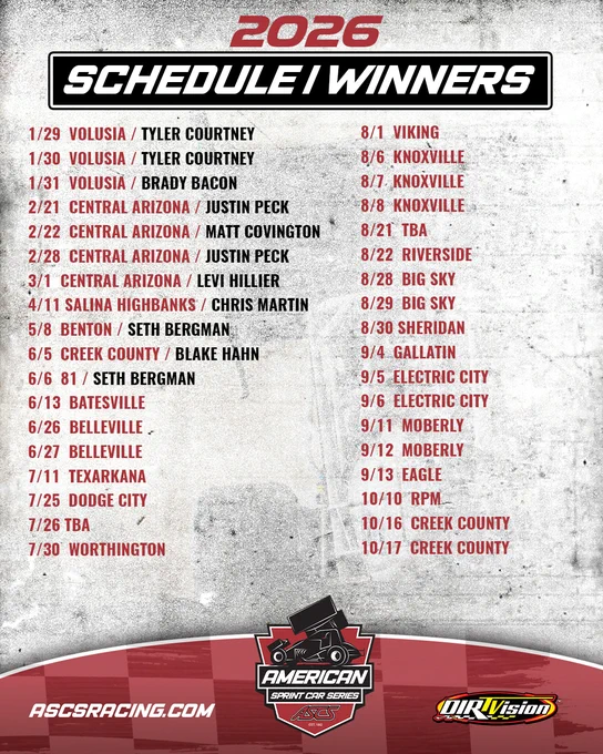 2026 schedule poster for American Sprint Car Series. Lists race locations with corresponding dates and winners. Includes logos for DIRTVision and ASCSRACING.com at the bottom.