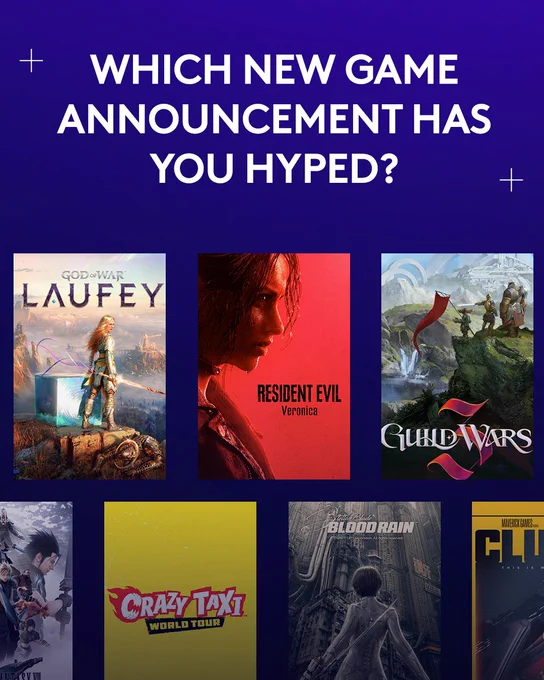 A graphic containing marketing screenshots from multiple upcoming video game releases. A text header reads: “Which new game announcement has you hyped?”
