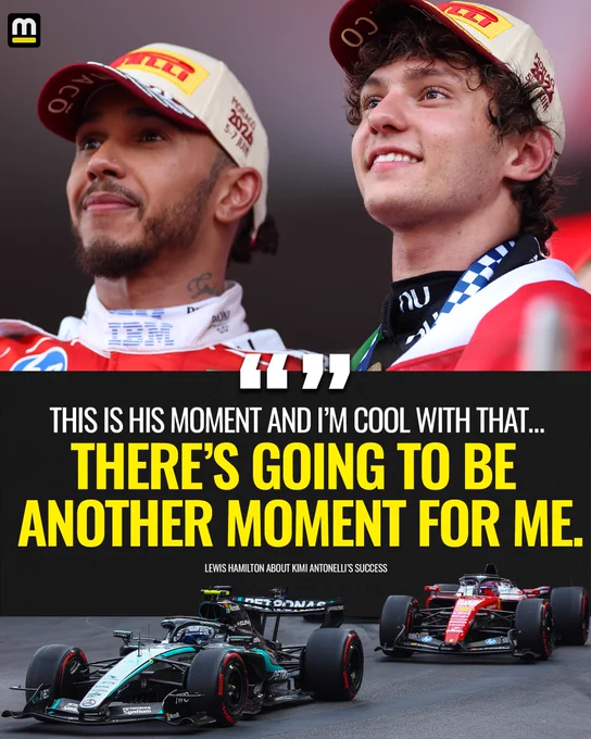 Lewis Hamilton and Kimi Antonelli stand on the Monaco podium next to one another. Below is a photo of their cars battling on track for position. The quote on the graphic reads, "This is his moment and I'm cool with that... there's going to be another moment for me."