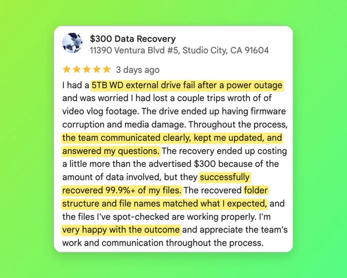 Five-star Google review from Scott describing recovery of 99.9%  of files from a 5TB WD external drive that failed after a power outage.