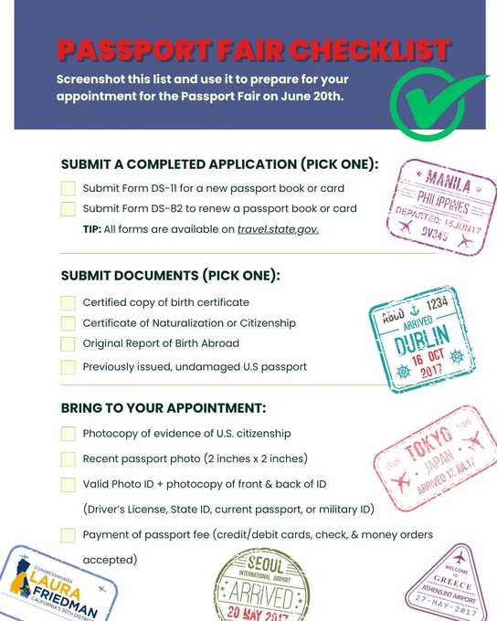 A checklist for preparing for the Passport Fair on June 20th, including application submission and required documents. The design has a travel theme with various passport stamps.