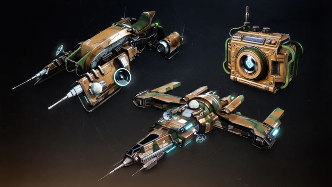 Mobile Array Sparrow, Field Transcriber Ghost Shell, and Dynamic Equivalence Ship for Destiny 2