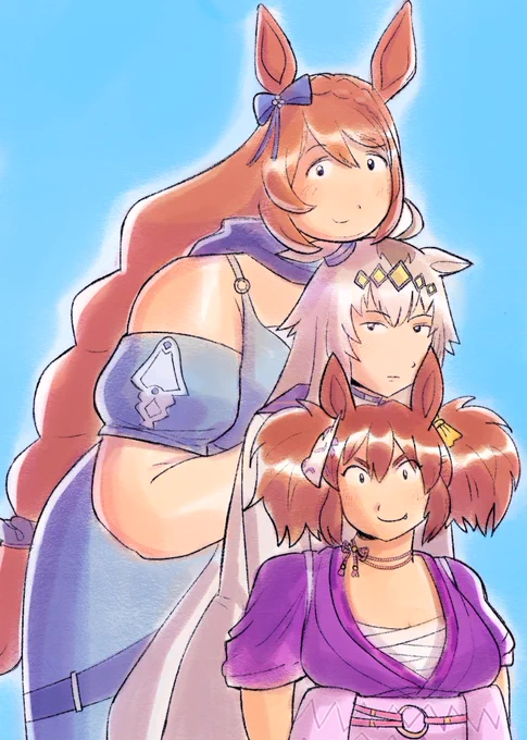 a digital drawing of super creek, oguri cap, and inari one from umamusume, the heisei big three. super creek is resting her head atop oguri caps, and she has her hand playfully on her back as she stands behind. oguri cap is slouching forward, looking disinterested. inari one is standing in front, smirking.