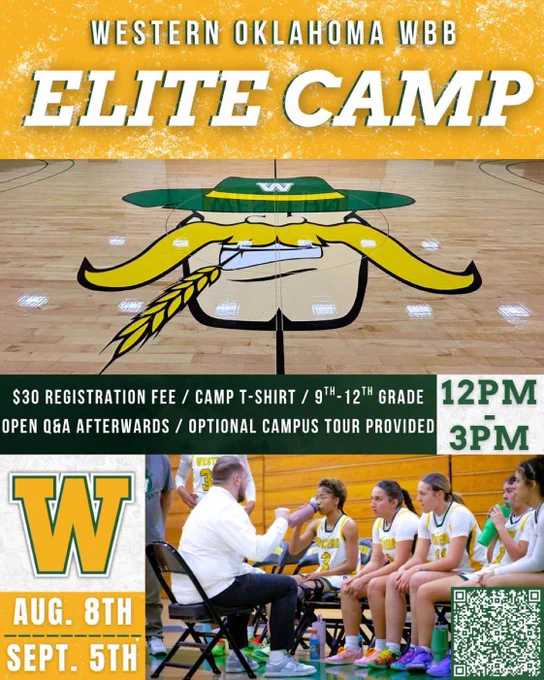 Elite Camp graphic showing dates of August 8th and September 5th. $30 registration fee, 9th-12th grade, and a t-shirt plus more provided