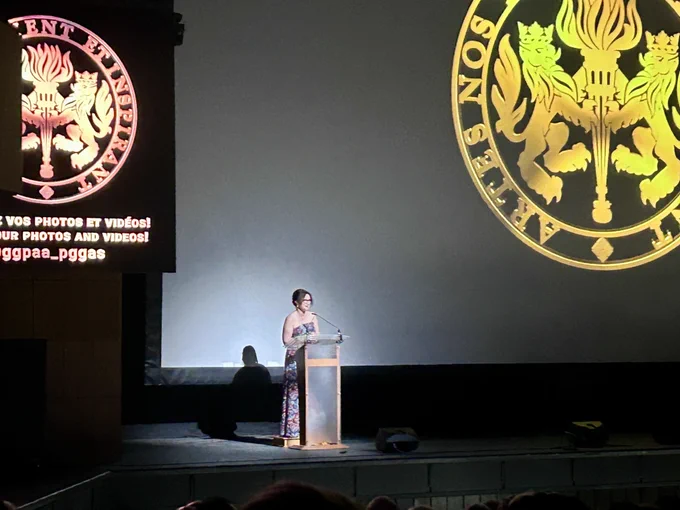 Annabelle Cloutier, the President and CEO of the National Arts Centre, delivers remarks from the stage at the 2026 Governor General's Performing Arts Awards.