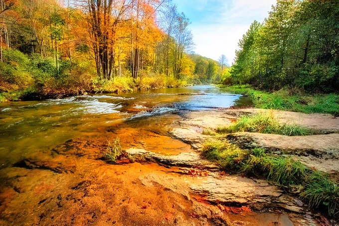 Elk River North Carolina autumn reflections with golden fall colors, Blue Ridge Mountains, Beech Mountain, Elk River Falls.  From the Fine Art Gallery of Shelia Hunt.