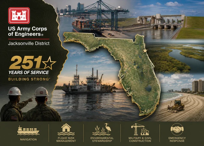 As the Army and Army Corps of Engineers celebrate their 251st Birthday, the Jacksonville District honors more than 140 years of service in Florida and to our Nation.\n\nRead more here: https://www.saj.usace.army.mil/Media/News-Stories/Article/4511371/251-years-of-service-the-jacksonville-district-continues-the-armys-legacy/\n#USACE #JacksonvilleDistrict #ArmyBirthday #BuildingStrong\n