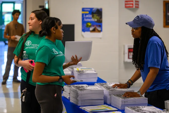 Two young women in green shirts talk to a volunteer in a blue shirt and cap at a table stacked with informational pamphlets indoors.