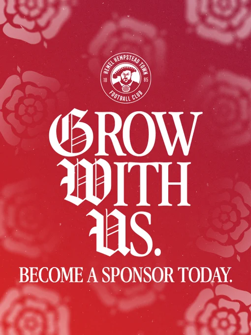 Red promotional graphic for Hemel Hempstead Town Football Club inviting businesses to grow with the club by becoming sponsors today.
