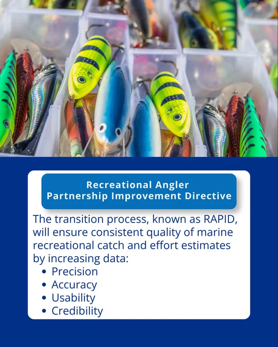 A photo of colorful fishing lures above a blue box. A white text box has a blue button that says “Recreational Angler Partnership Improvement Directive” above text that says “The transition process, known as RAPID, will ensure consistent quality of marine recreational catch and effort estimates by increasing data: Precision, Accuracy, Usability, Credibility”
