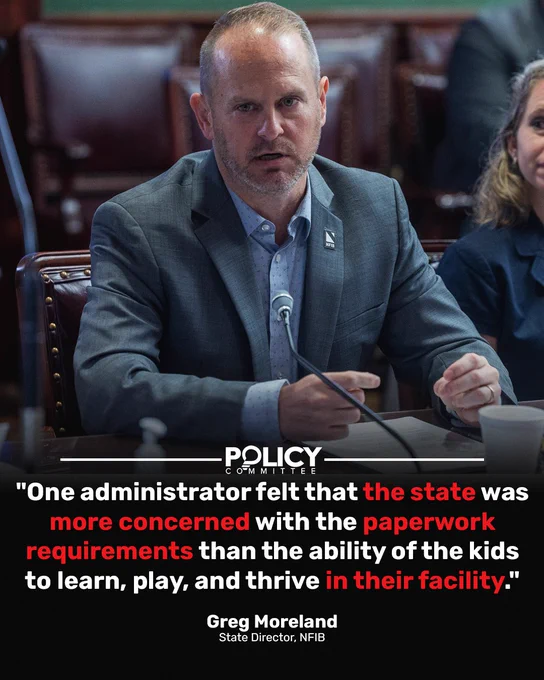 Greg Moreland, State Director of NFIB, speaks at a Policy Committee hearing with quote overlay.