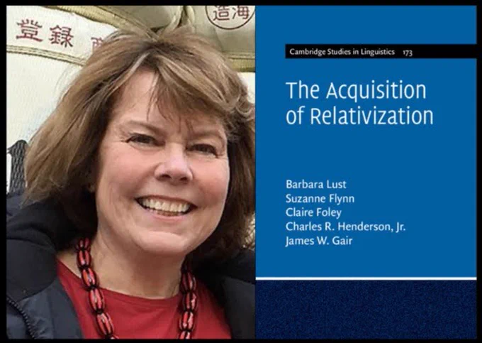 MIT linguist Suzanne Flynn (left) beside the cover of the book "The Acquisition of Relativization"