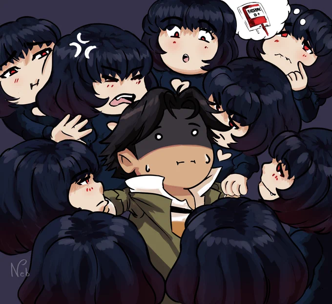 art imitating that one picture of a plushie of Sonic, surrounded by a lot of Amy plushes. Chibi Pocket from Deadlock is surrounded by a lot of Chibi Mina. One of them craves their blood with a dreamy expression, the others are mostly annoyed, or pouting.