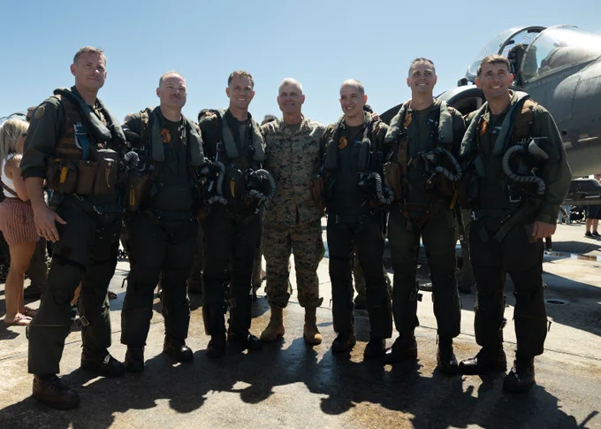 U.S. Marines with Marine Attack Squadron (VMA) 223, Marine Aircraft Group 14, 2nd Marine Aircraft Wing, Marine Corps Air Station Cherry Point North Carolina, pose for a photo with the 38th Assistant Commandant of the Marine Corps, Gen. Bradford J. Gering at the 2026 Marine Corps Air Station Cherry Point Harrier Sundown Ceremony\u202Fat Marine Corps Air Station Cherry Point, North Carolina, June 3, 2026.\u202FThe AV-8B Harrier was the first takeoff and landing\u202Faircraft\u202Fin Marine Corps history, enabling operations from carriers, expeditionary\u202Fairfields,\u202Fand remote tactical landing sites. (U.S. Marine Corps photo by Lance Cpl. Kiara Rawls)