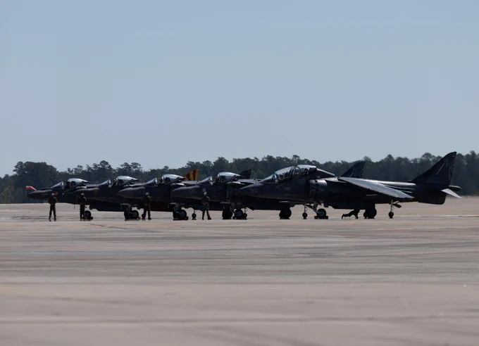 U.S. Marine Corps\u202FAV-8B Harrier IIs\u2019 with Marine Attack Squadron (VMA) 223, Marine Aircraft Group 14, 2nd Marine Aircraft Wing, prepare to perform during the 2026 Marine Corps Air Station Cherry Point, Harrier Sundown Ceremony\u202Fat Marine Corps Air Station Cherry Point, North Carolina, June 3, 2026.\u202FThe AV-8B Harrier was the first vertical/short takeoff and landing\u202Faircraft\u202Fin Marine Corps history, enabling operations from carriers, advanced bases, expeditionary\u202Fairfields\u202Fand remote tactical landing sites. (U.S. Marine Corps photo by Lance Cpl. Kiara Rawls)