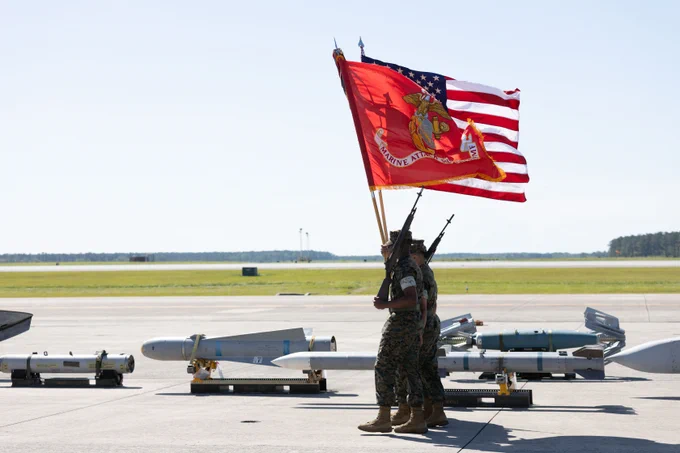 U.S. Marines with the 2nd Marine Aircraft Wing color guard, present the colors during the 2026 Marine Corps Air Station Cherry Point Harrier Sundown Ceremony\u202Fat Marine Corps Air Station Cherry Point, North Carolina, June 3, 2026.\u202FThe AV-8B was the first vertical/short takeoff and landing\u202Faircraft\u202Fin Marine Corps history, enabling operations from carriers, advanced bases, expeditionary\u202Fairfields\u202Fand remote tactical landing sites. (U.S. Marine Corps photo by Lance Cpl. Kiara Rawls)