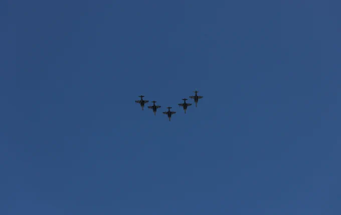 U.S. Marine Corps AV-8B Harrier II with Marine Attack Squadron (VMA) 223, Marine Aircraft Group 14, 2nd Marine Aircraft Wing, fly during the 2026 Marine Corps Air Station Cherry Point Harrier Sundown Ceremony\u202Fat Marine Corps Air Station Cherry Point, North Carolina, June 3, 2026.\u202FThe AV-8B Harrier was the first vertical/short takeoff and landing\u202Faircraft\u202Fin Marine Corps history, enabling operations from carriers, advanced bases, expeditionary\u202Fairfields\u202Fand remote tactical landing sites. (U.S. Marine Corps photo by Lance Cpl. Kiara Rawls)