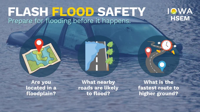 Car floating in flash flood waters.
Flash Flood Safety - Prepare for flooding before it happens.
1. Are you located in a floodplain?
2. What nearby roads are likely to flood?
3. What is the fastest route to higher ground?