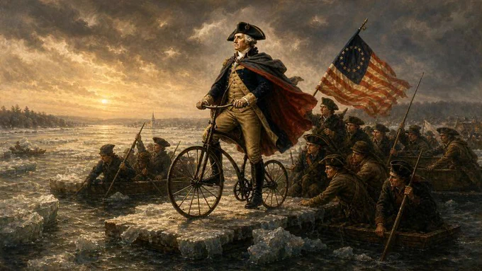 George Washington crossing icy river on an early bicycle with soldiers rowing boats and an American flag at sunset.