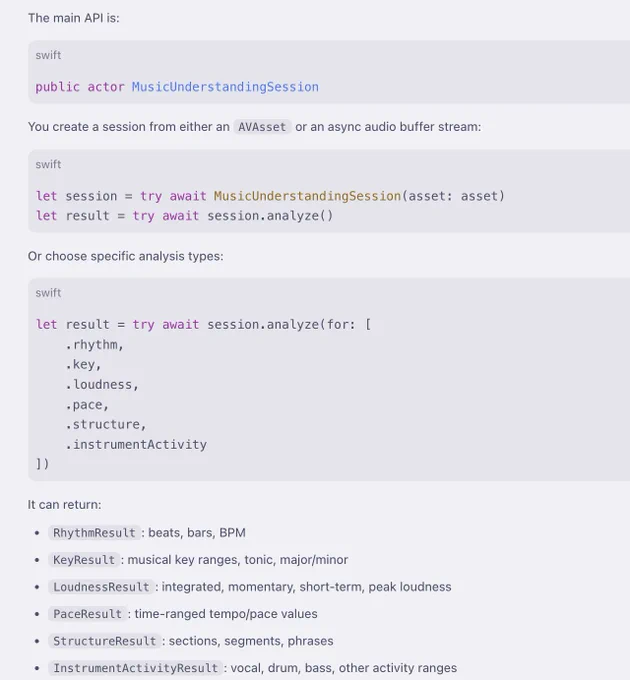 Code snippets showcase the MusicUnderstandingSession API in Swift for analyzing audio attributes like rhythm, key, and loudness.
