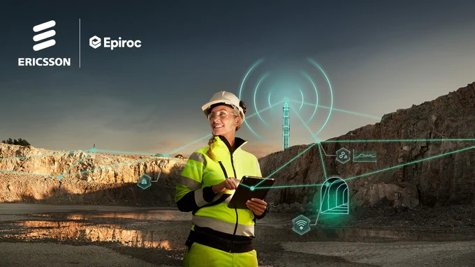 The image shows a woman in a high-visibility outfit and white construction helmet standing at a quarry site, holding a tablet. Digital connections and icons are illustrated around her in light green, indicating technology integration. The logos of Ericsson Enterprise Wireless Solutions and Epiroc are displayed in white on the top left.