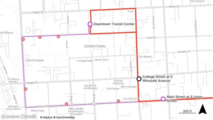 Map showing transit routes connecting Downtown Transit Center, College Street at S Winooski Avenue, and Main Street at S Union Street with marked stops.