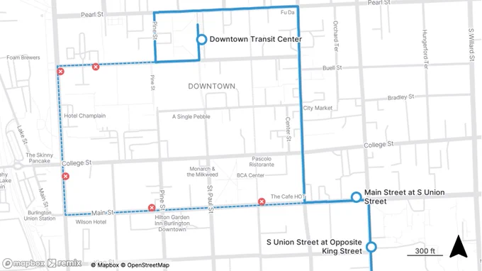 Map showing a transit route connecting Downtown Transit Center, Main Street at S Union Street, and S Union Street at Opposite King Street with marked stops and blocked roads.