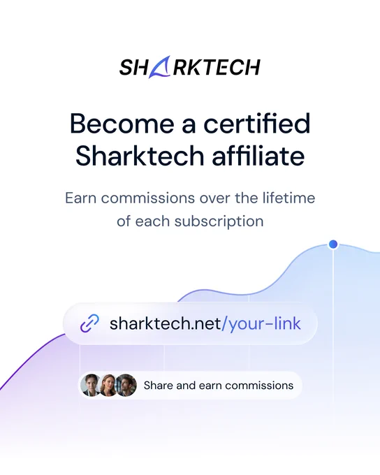 Sharktech affiliate program with referral link and commission message.
