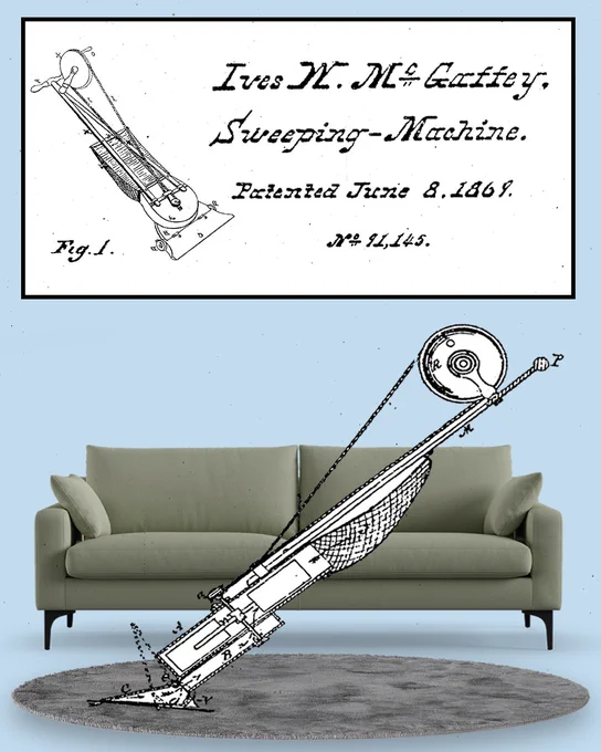 Fig. 1. Ives W. McGaffey Sweeping-Machine. Patented June 8. 1869. No. 91,145. Image of sweeping machine model vacuuming a grey, round rug in front of a green couch on a blue background.  