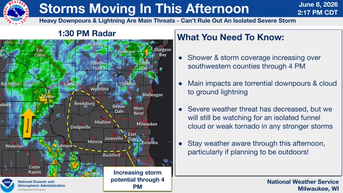 Graphicast explaining increasing storm potential across southwest Wisconsin through 4 PM.