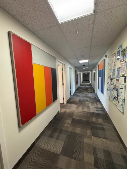 Gazing down a hallway at Stedman Community Hospice, in which bold, colourful pieces are installed