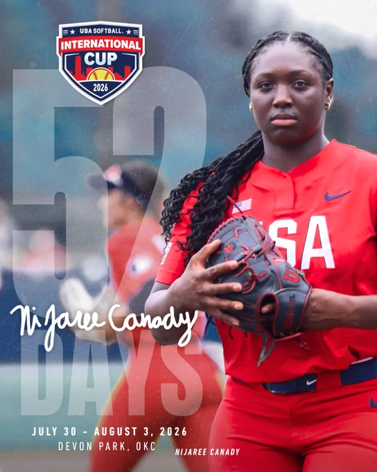 Promotional image for the USA Softball International Cup 2026 featuring a player in USA uniform. The countdown is prominently displayed, adding excitement to the upcoming event.