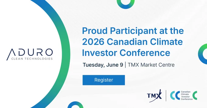 A graphic with text that reads: "Proud participant at the 2026 Canadian Climate Investor Conference. Tuesday June 9. TMX Market Centre." A register button appears below. The Aduro, TMX, and CCIC logos are shown.