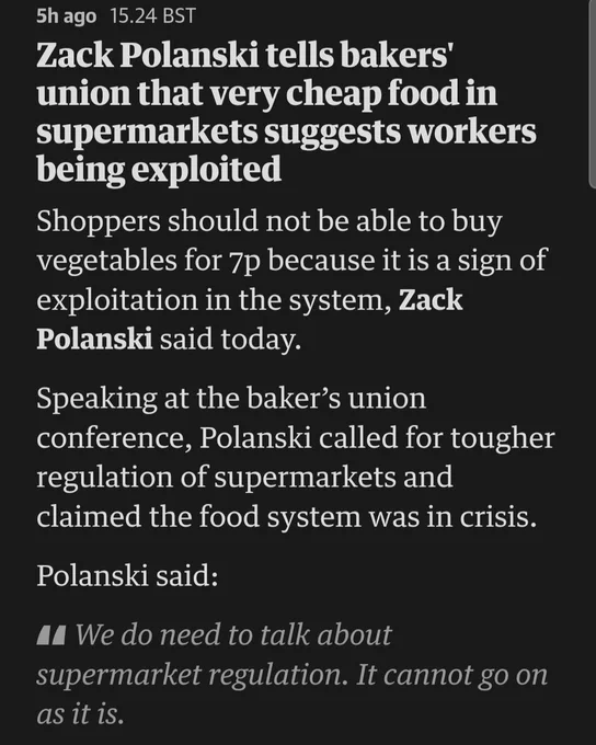 Zack Polanski tells bakers Union that very cheap food in supermarkets suggests workers being exploited.